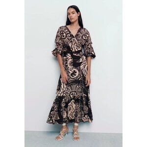 NWOT Zara linen blend botanical print brown & butter tan high waist skirt, XS